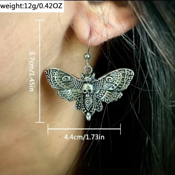 Silver Skull Moth Drop Earrings - Picture 9 of 15